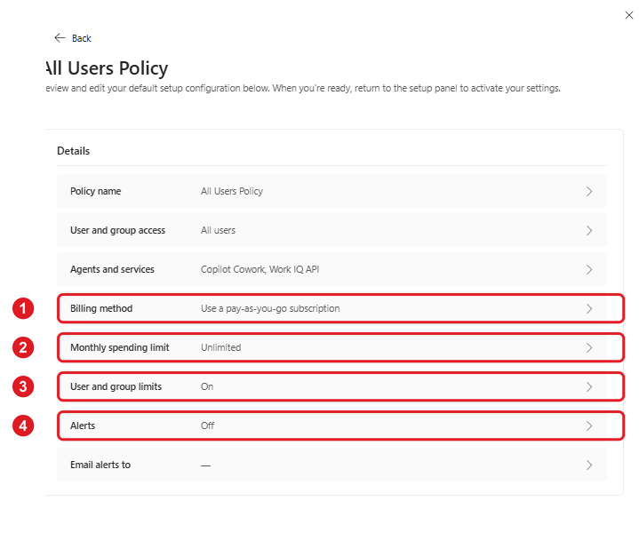 Cowork : configurer la billing policy et le Cost Management : étape 8