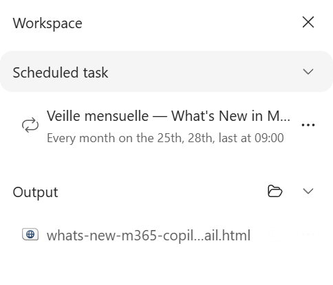 Automatiser sa veille Copilot : un « What's New » mensuel généré et envoyé par Cowork : étape 2