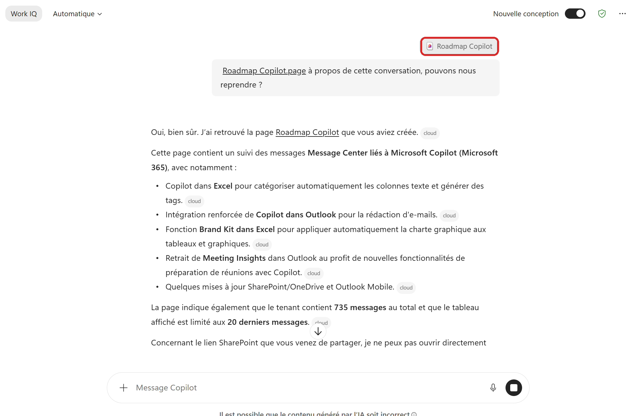 La Bibliothèque et les Pages : gardez la mémoire de vos échanges avec Copilot : étape 6