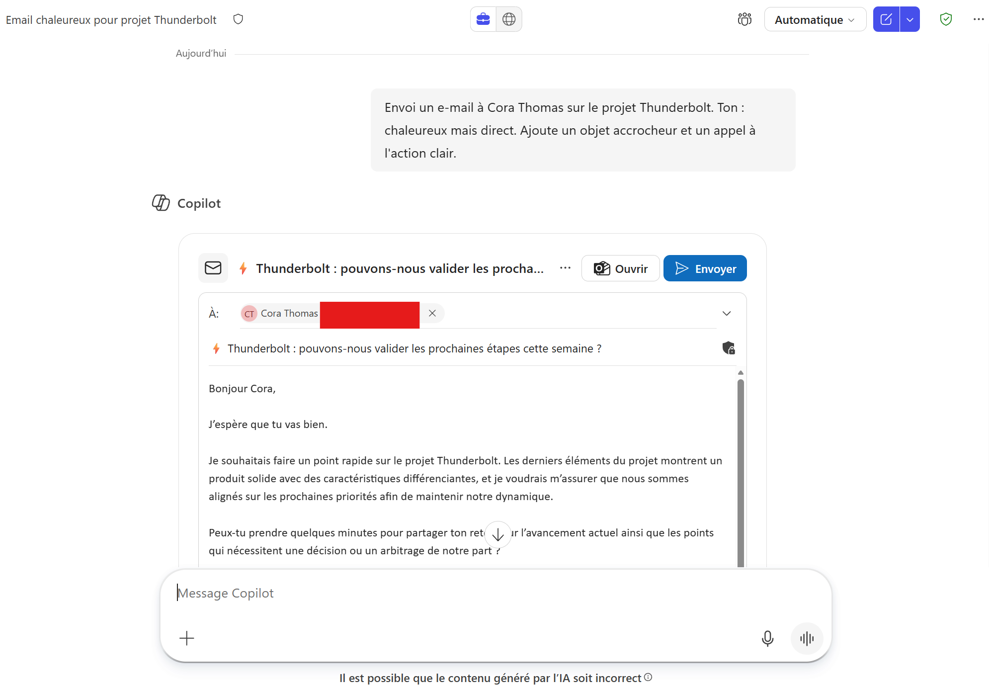 Envoyer un mail directement depuis Copilot : étape 1
