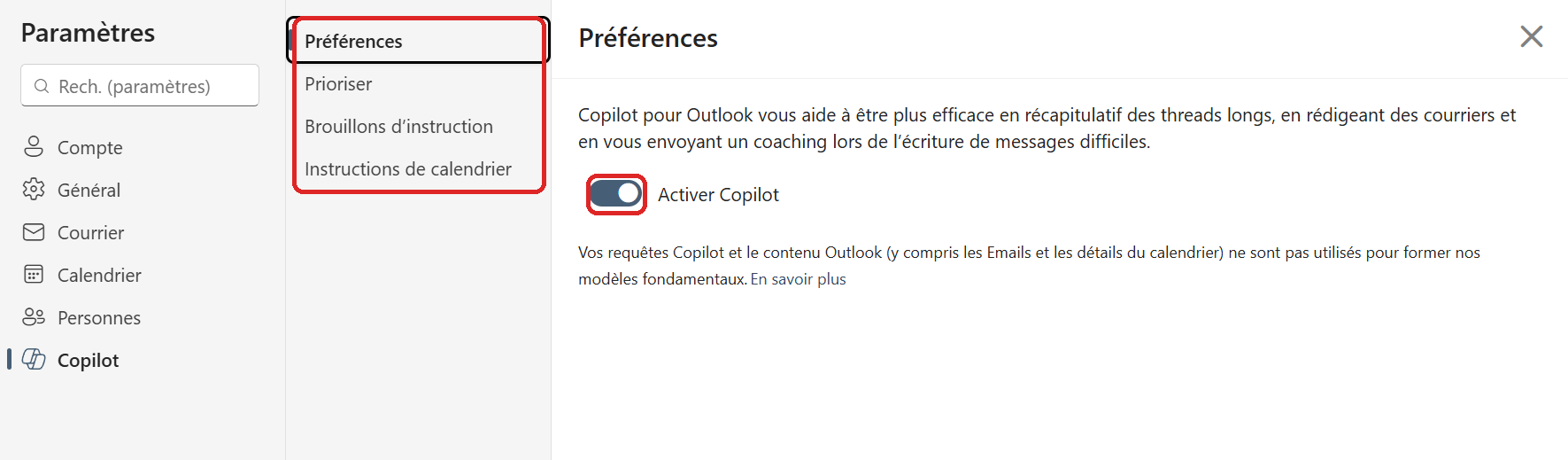 Les paramètres Copilot dans Outlook : étape 1