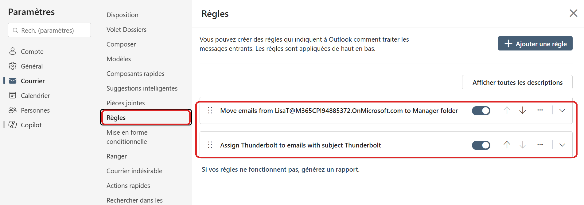 Créer une règle Outlook avec Copilot : étape 5