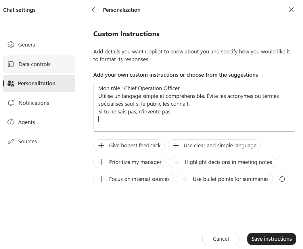 Personnaliser Copilot : Custom Instructions et Memories : étape 4