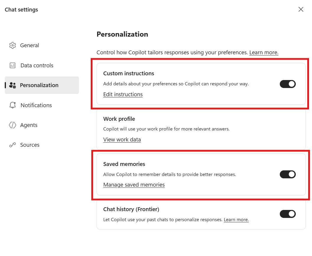 Personnaliser Copilot : Custom Instructions et Memories : étape 2