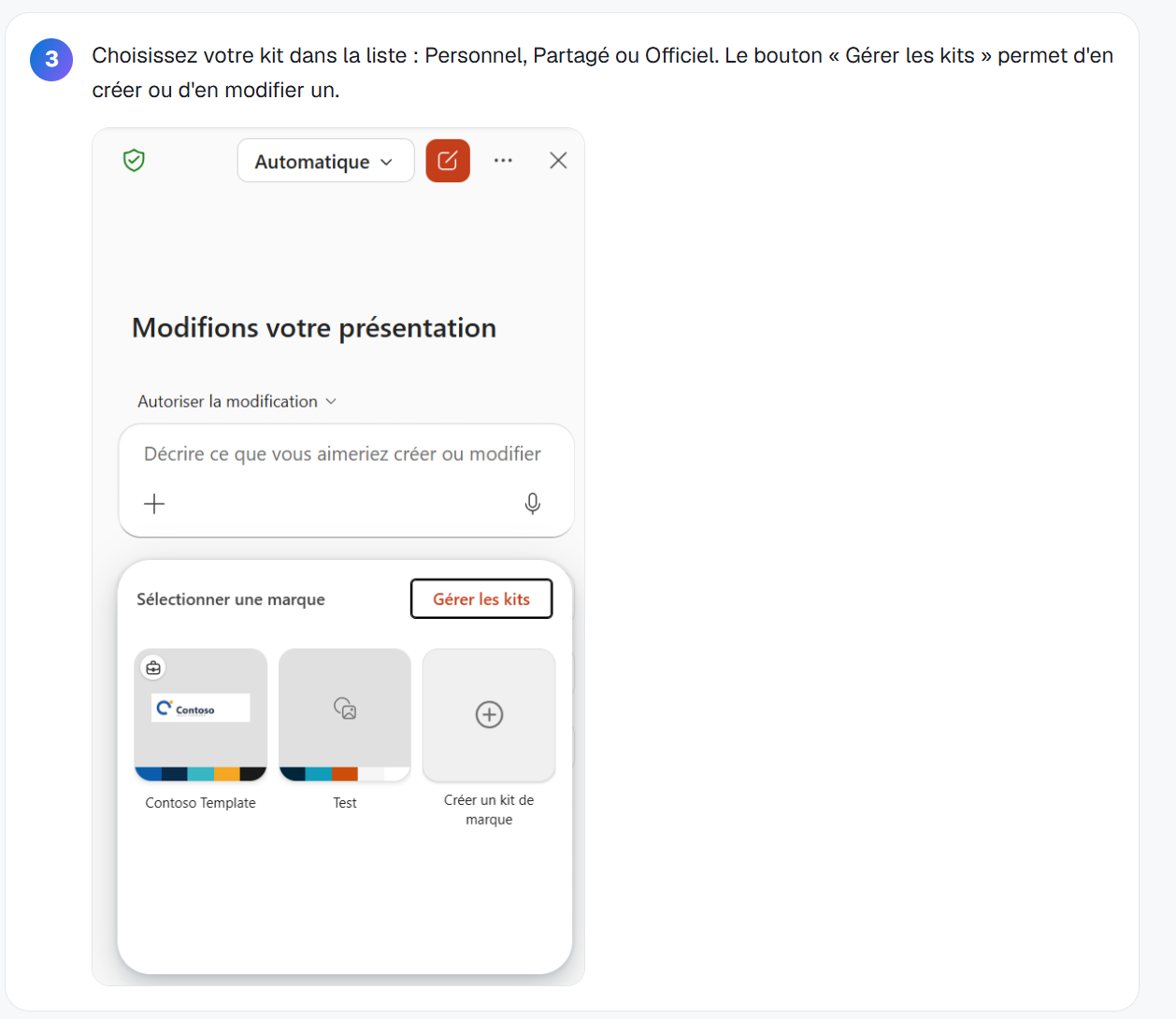 Utiliser un brand kit depuis Copilot dans PowerPoint : étape 3